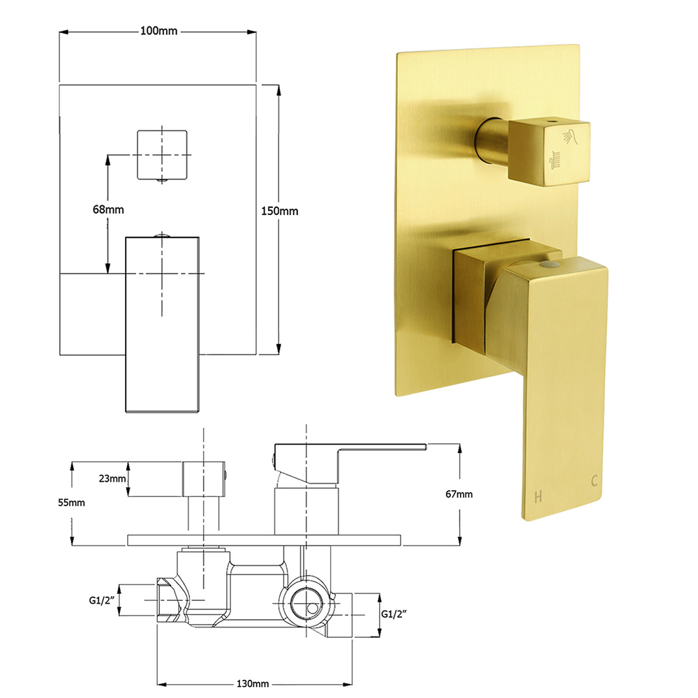 Watermark 1/2 Inch Shower Mixer Diverter Brushed Gold Square Stainless Steel Set - Image 2
