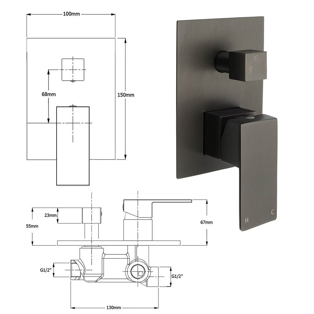 Gun Metal Square Stainless Steel Bath Shower Mixer 2 Way Switch Diverter Watermark - Image 2