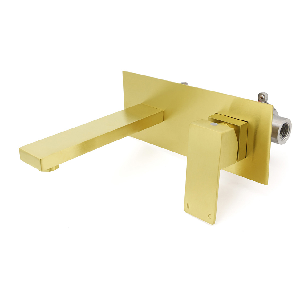 Brushed Gold Square Wall Mount Basin Mixer Laundry Vanity Tap Spout Faucet Set - Image 1