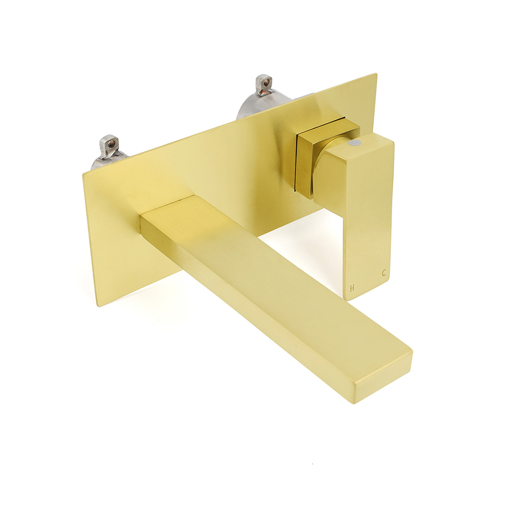 Brushed Gold Square Wall Mount Basin Mixer Laundry Vanity Tap Spout Faucet Set - Image 3