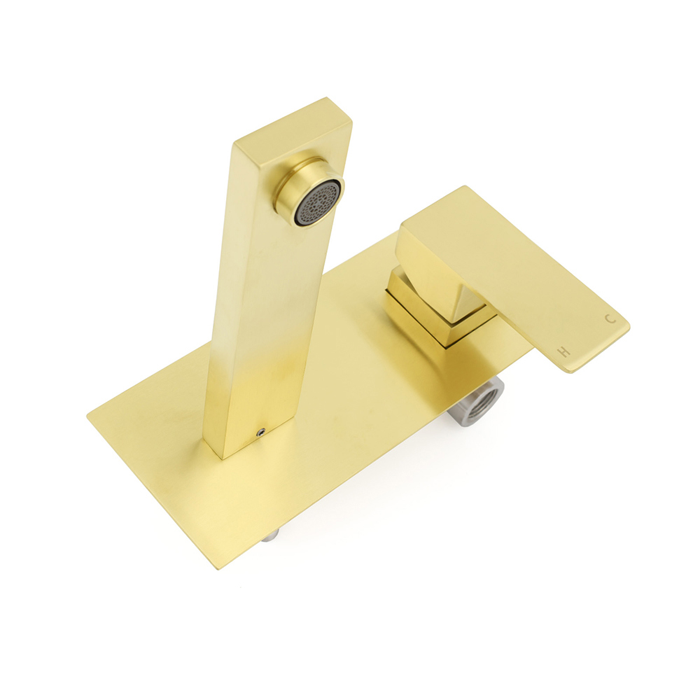 Brushed Gold Square Wall Mount Basin Mixer Laundry Vanity Tap Spout Faucet Set - Image 4