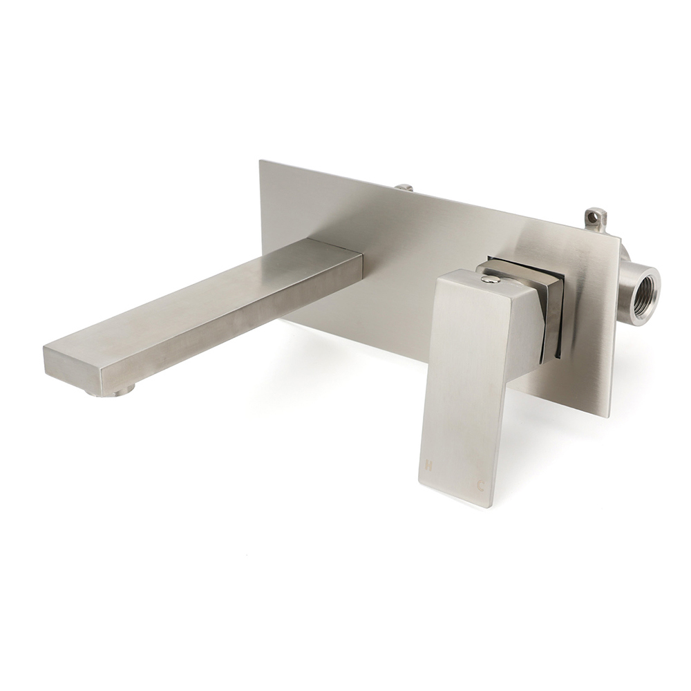 Brushed Nickel Square Wall Mount Basin Mixer Laundry Vanity Tap Spout Faucet Set - Image 1