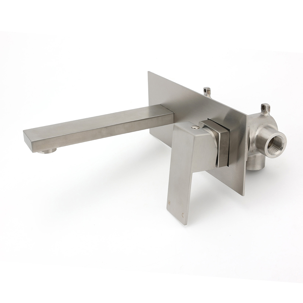 Brushed Nickel Square Wall Mount Basin Mixer Laundry Vanity Tap Spout Faucet Set - Image 2