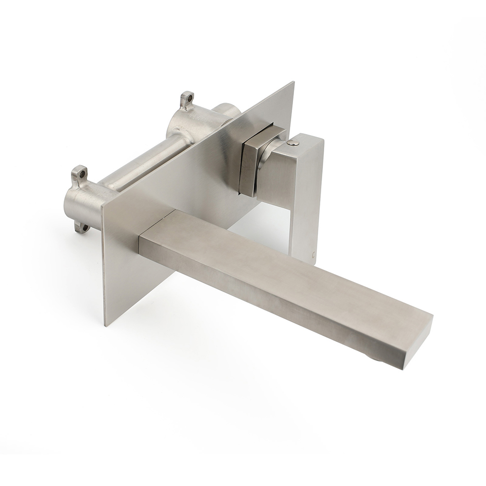 Brushed Nickel Square Wall Mount Basin Mixer Laundry Vanity Tap Spout Faucet Set - Image 4