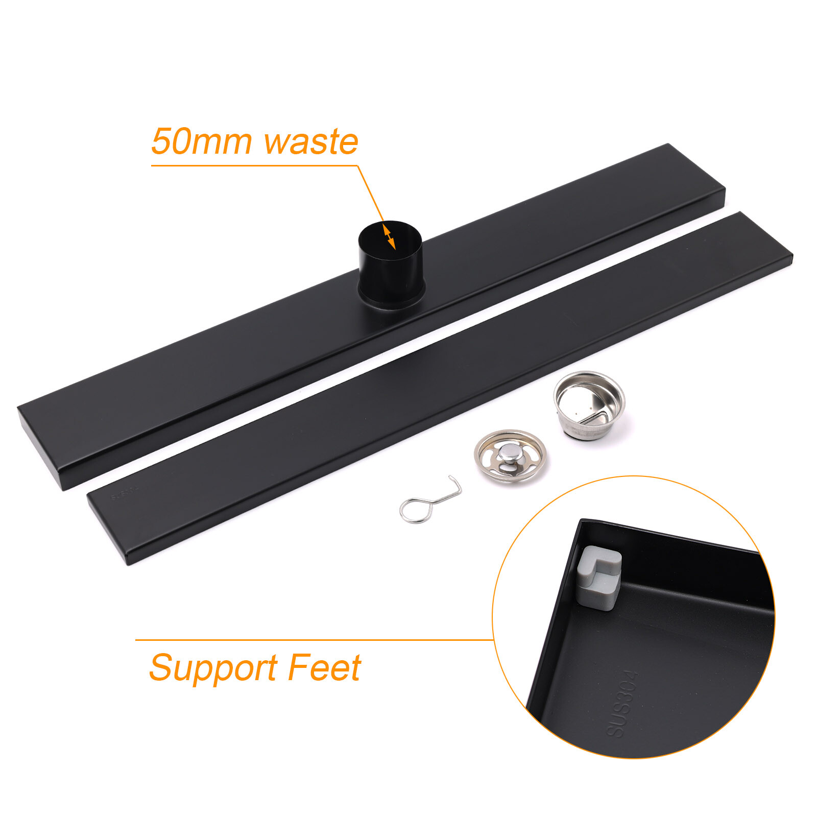 Matt Black 800mm Tile Insert Bathroom Floor Drain Shower Grate 50mm Outlet Waste - Image 6