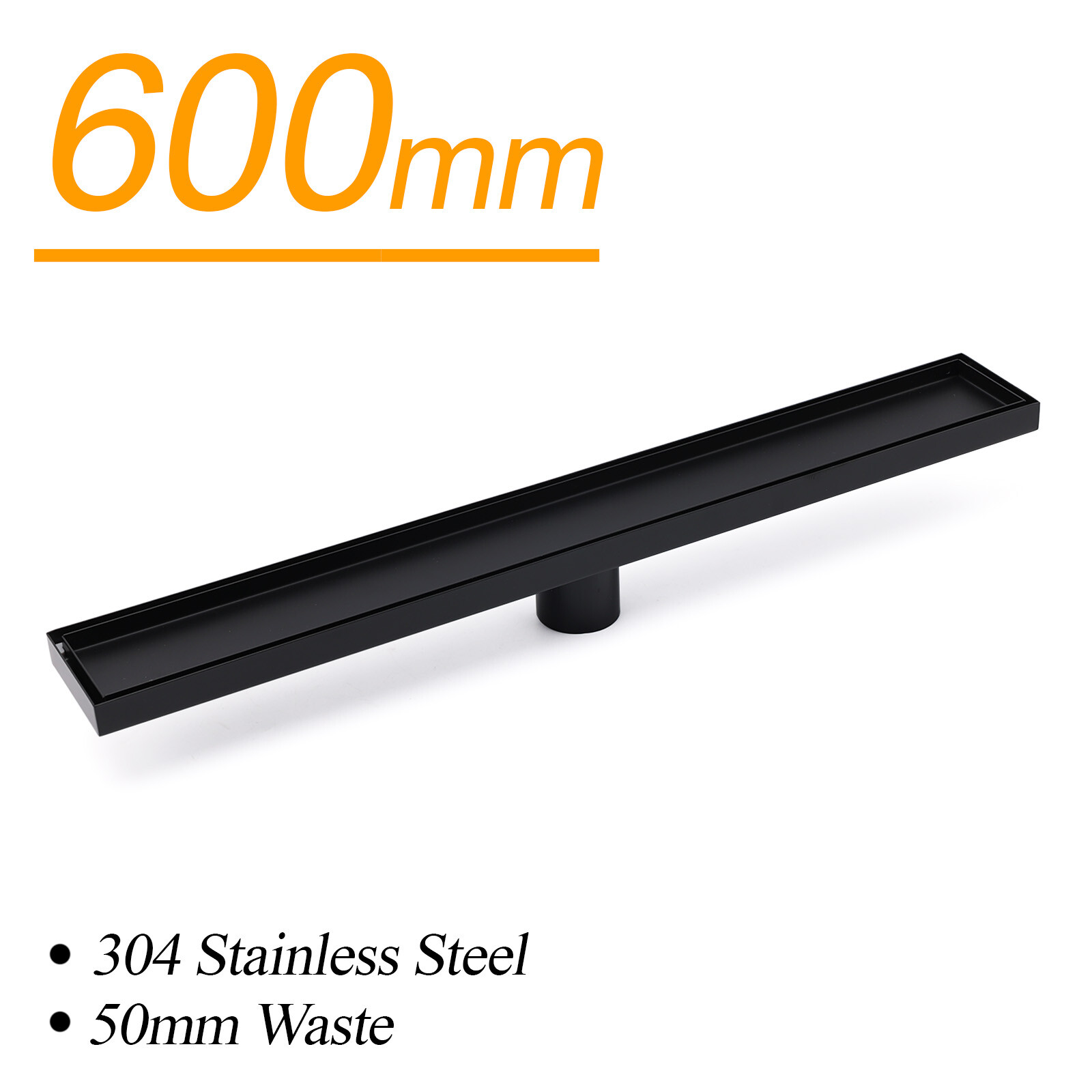 Matt Black 600mm Tile Insert Linear Shower Grate Floor Drain 50mm Waste Outlet - Image 1
