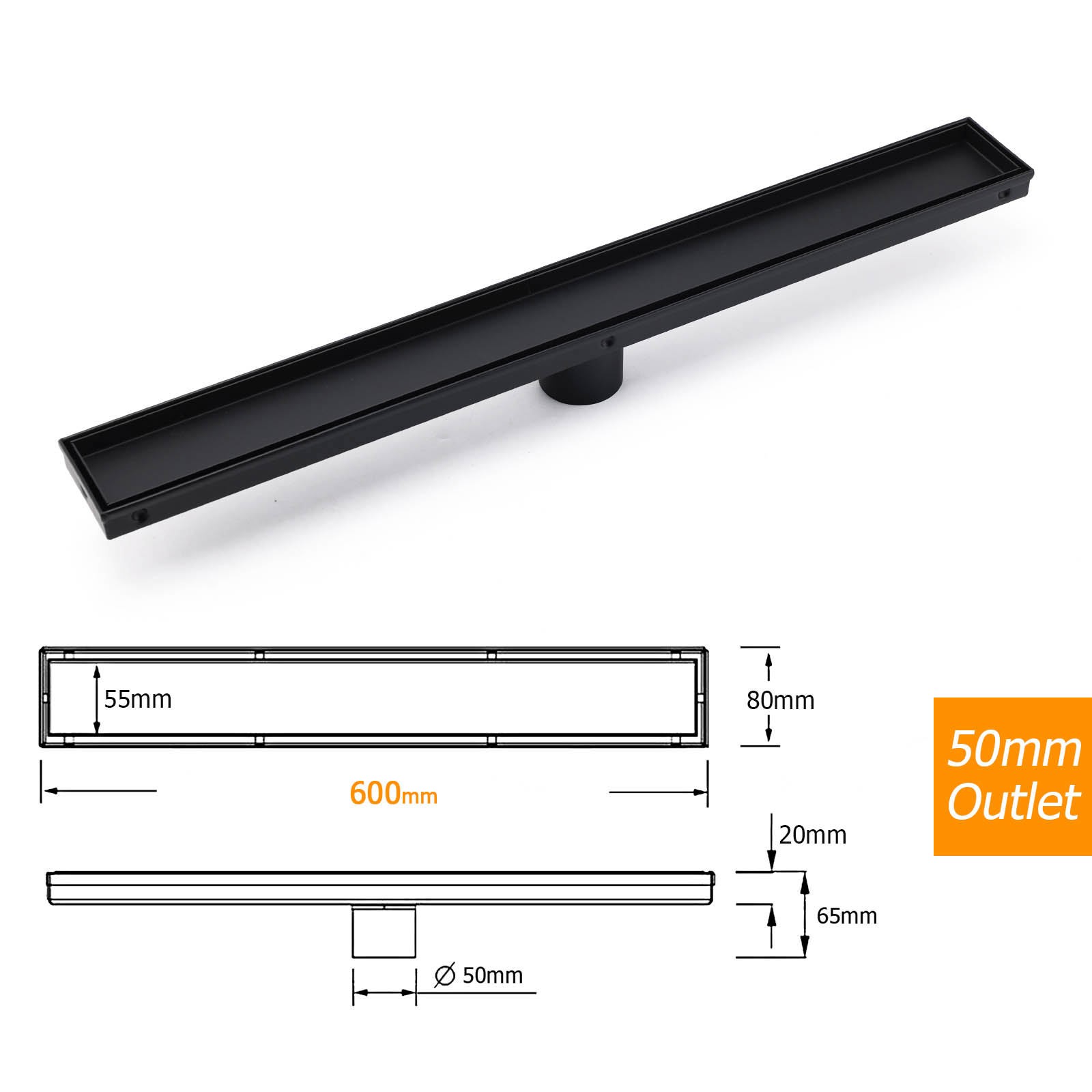 Matt Black 600mm Tile Insert Linear Shower Grate Floor Drain 50mm Waste Outlet - Image 2