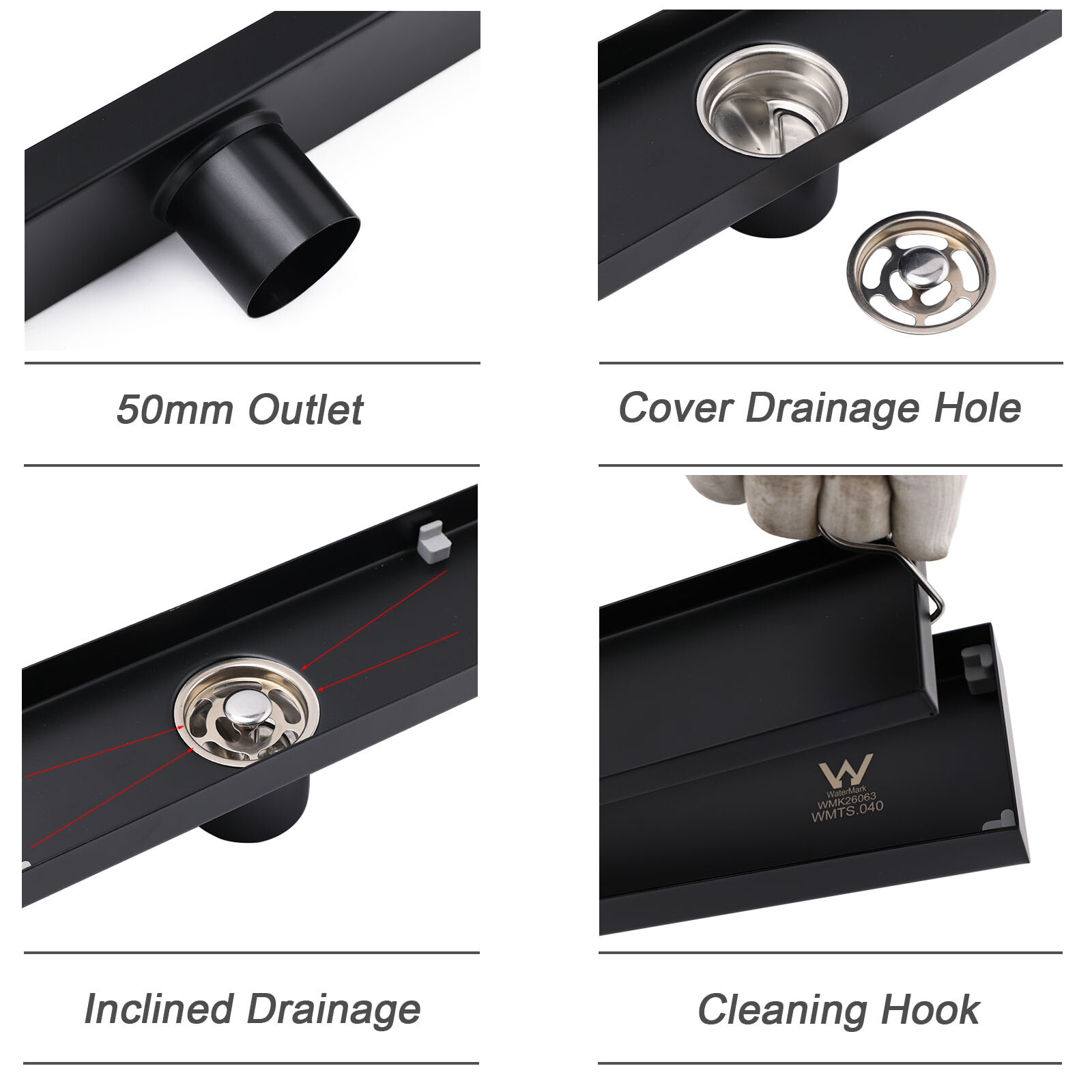 Matt Black 600mm Tile Insert Linear Shower Grate Floor Drain 50mm Waste Outlet - Image 3