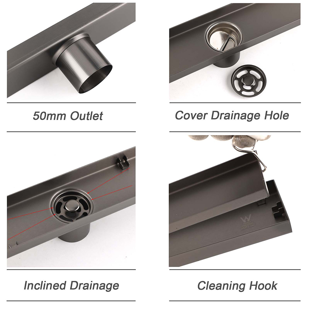 Gun Metal Tile Insert 600mm Linear Shower Grate Floor Drain 50mm Waste Outlet - Image 4