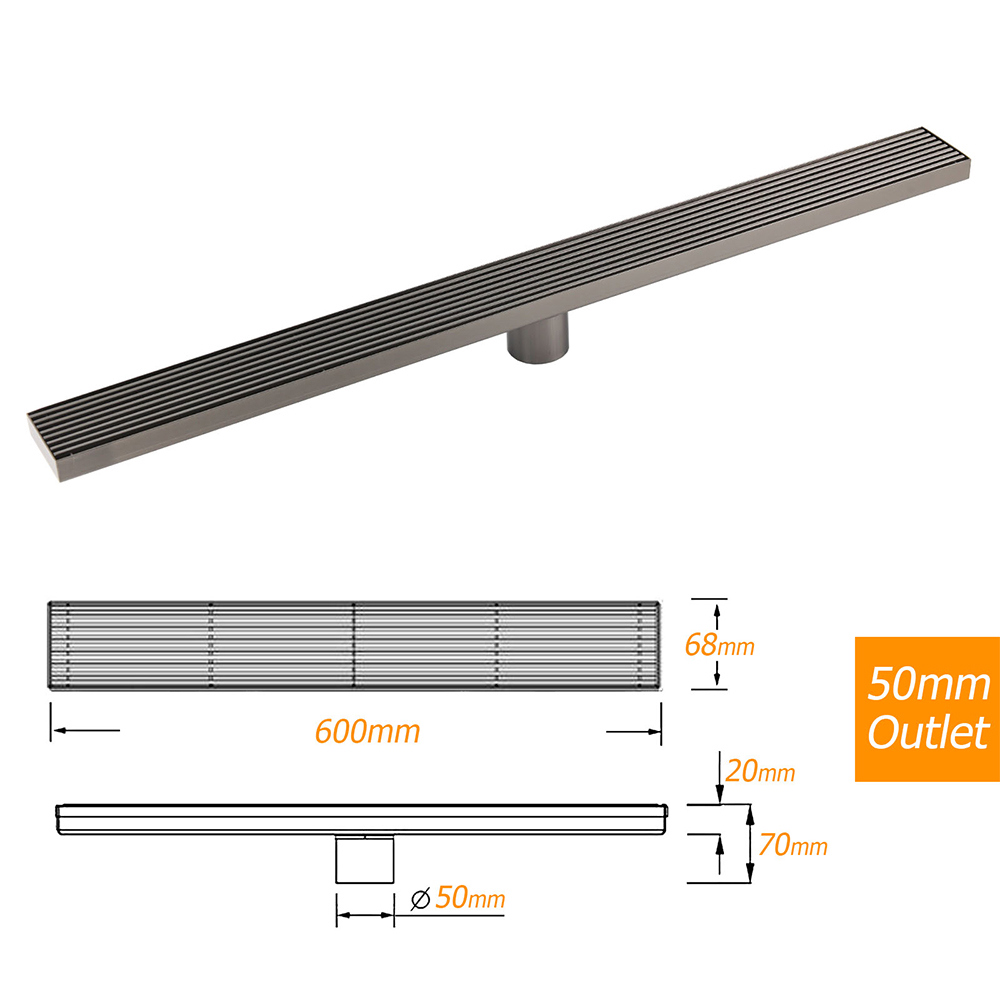Gun Metal Stainless Steel 600mm Strip Fence Shower Grate Floor Drain 50mm Waste - Image 3