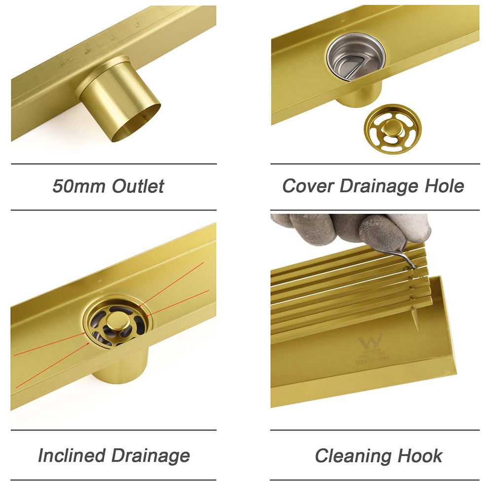 Brushed Gold SUS 900mm Strip Fence Bathroom Floor Shower Grate Drain 50mm Outlet - Image 4