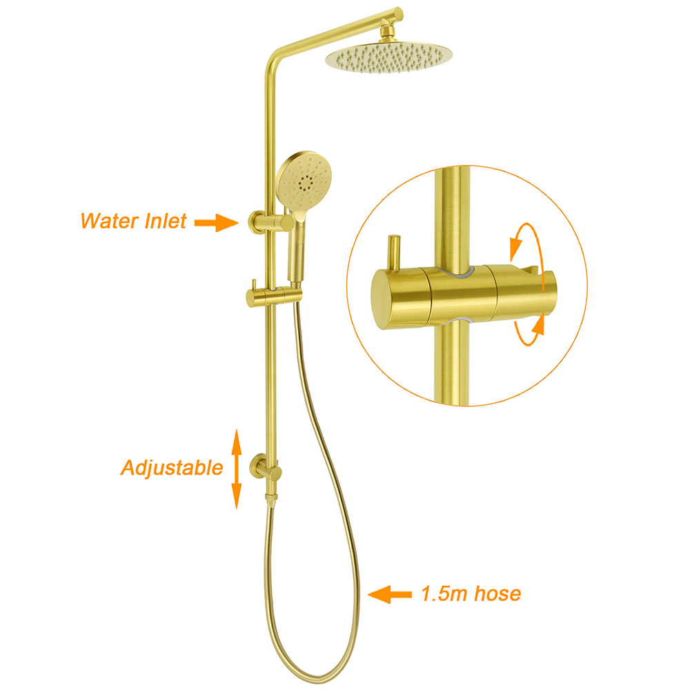 Brushed Gold Twin Shower Set Sliding Rail Arm 8