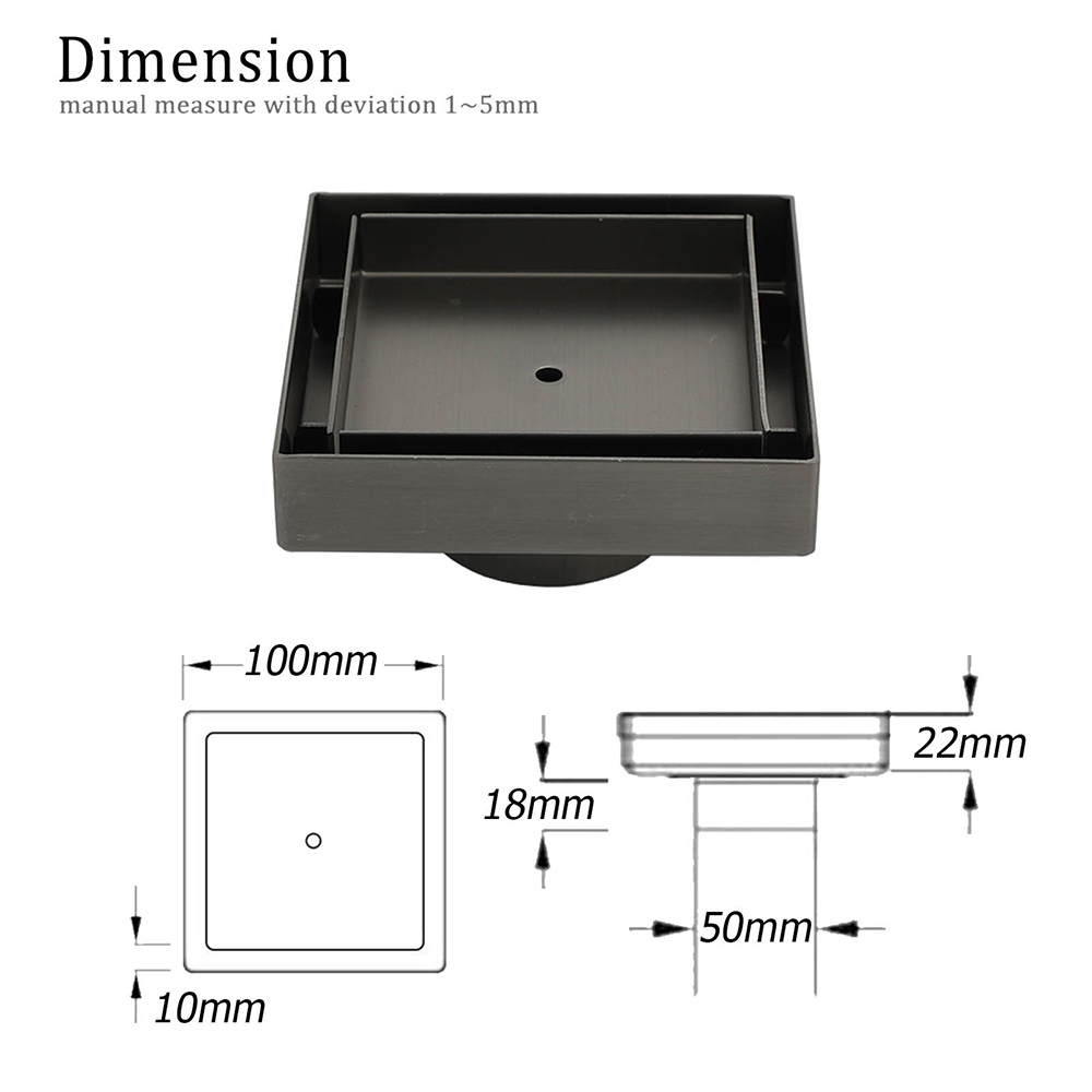 Gun Metal 100mm Square Tile Insert Floor Drain Small Shower Grate 50mm Waste Set - Image 2
