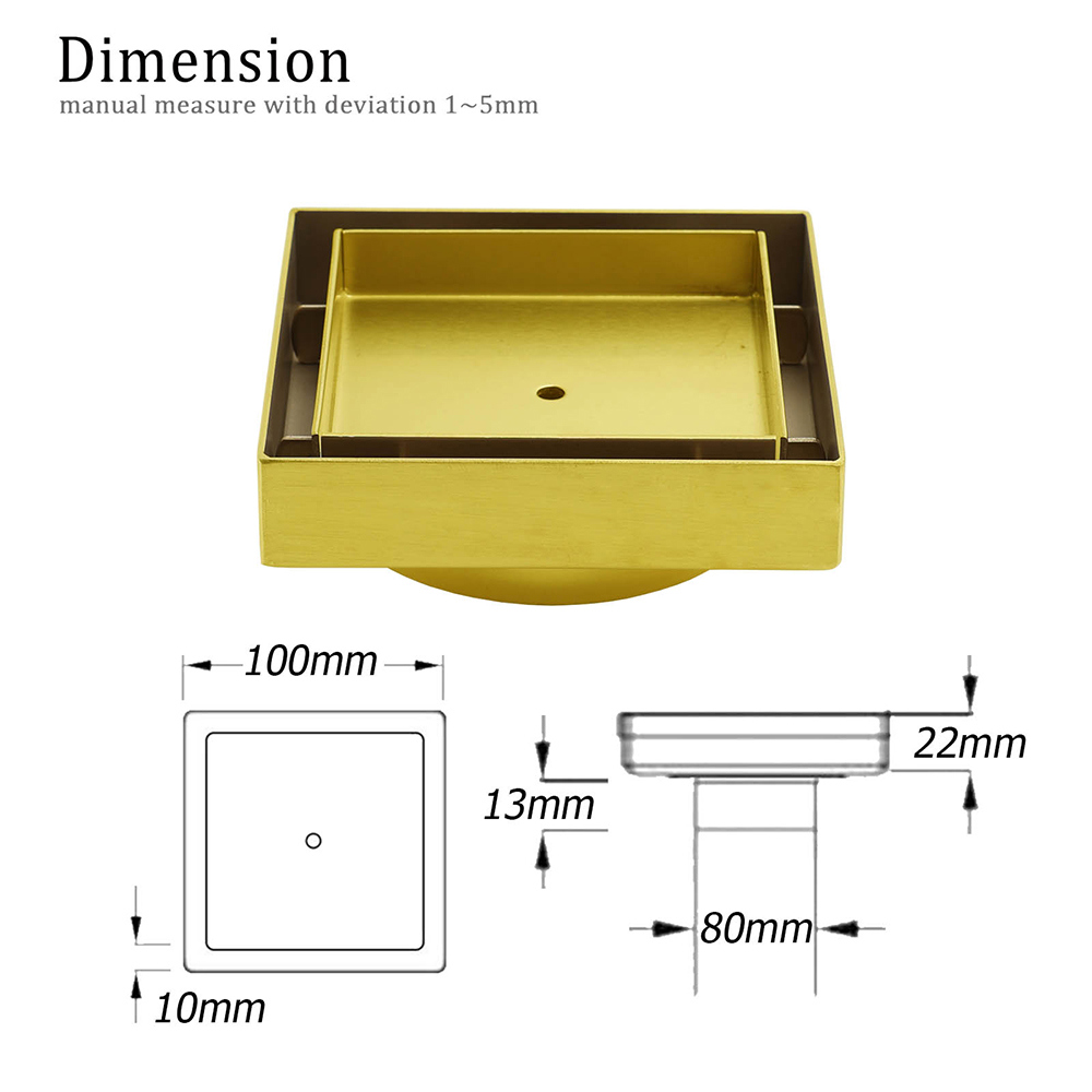 Brushed Gold 100x100mm Tile Insert Floor Drain Square Shower Grate 80mm Waste - Image 2