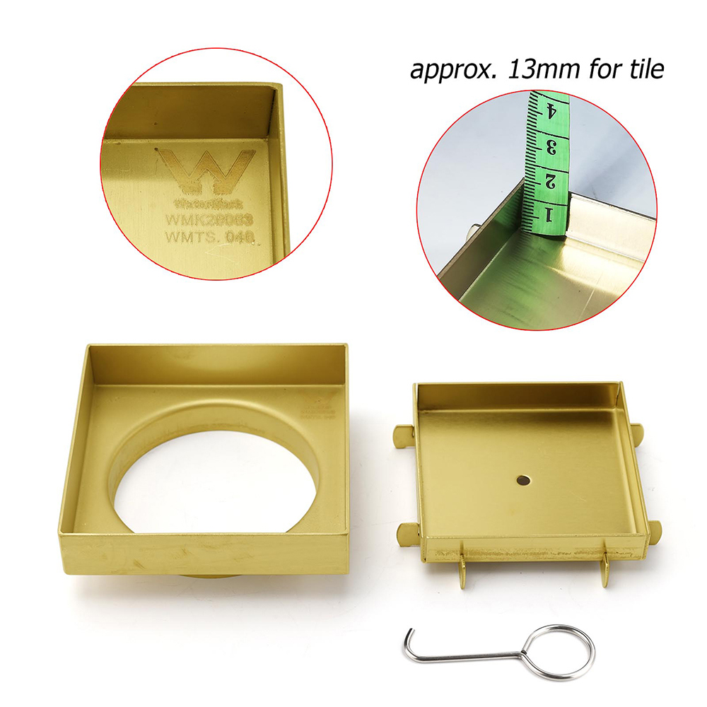 Brushed Gold 100x100mm Tile Insert Floor Drain Square Shower Grate 80mm Waste - Image 3
