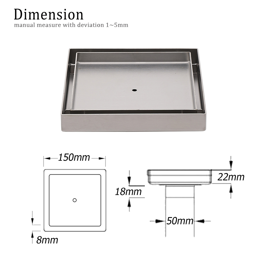150x150mm Square Tile Insert Floor Drain Stainless Steel Shower Grate 50mm Waste - Image 2