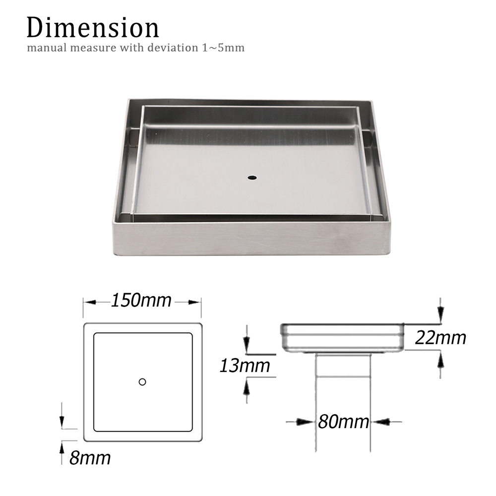 Square 150x150mm Tile Insert Floor Drain 80mm Waste Stainless Steel Shower Grate - Image 2