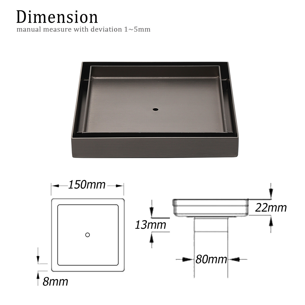 Bathroom Gun Metal 150mm Tile Insert Floor Drain Shower Grate 80mm Waste Outlet - Image 2