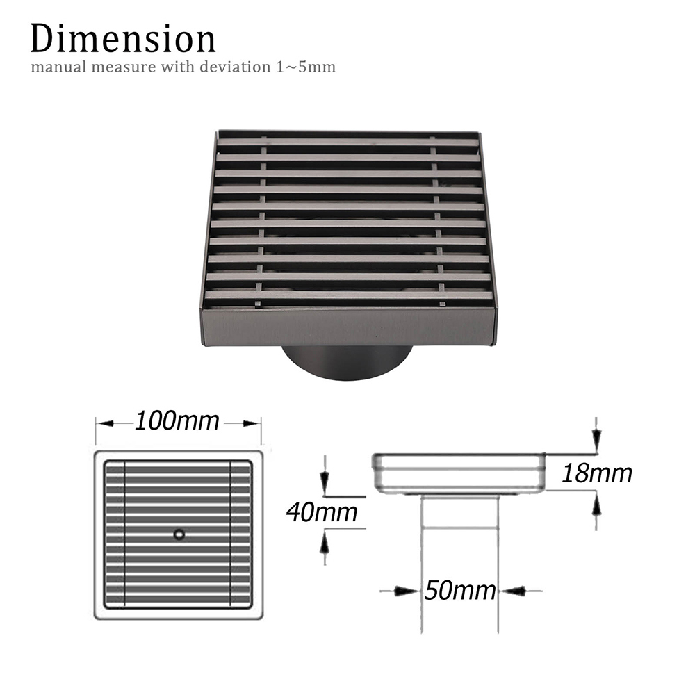 Gun Metal SUS 100mm Square Strip Fence Floor Drain Small Shower Grate 50mm Waste - Image 2