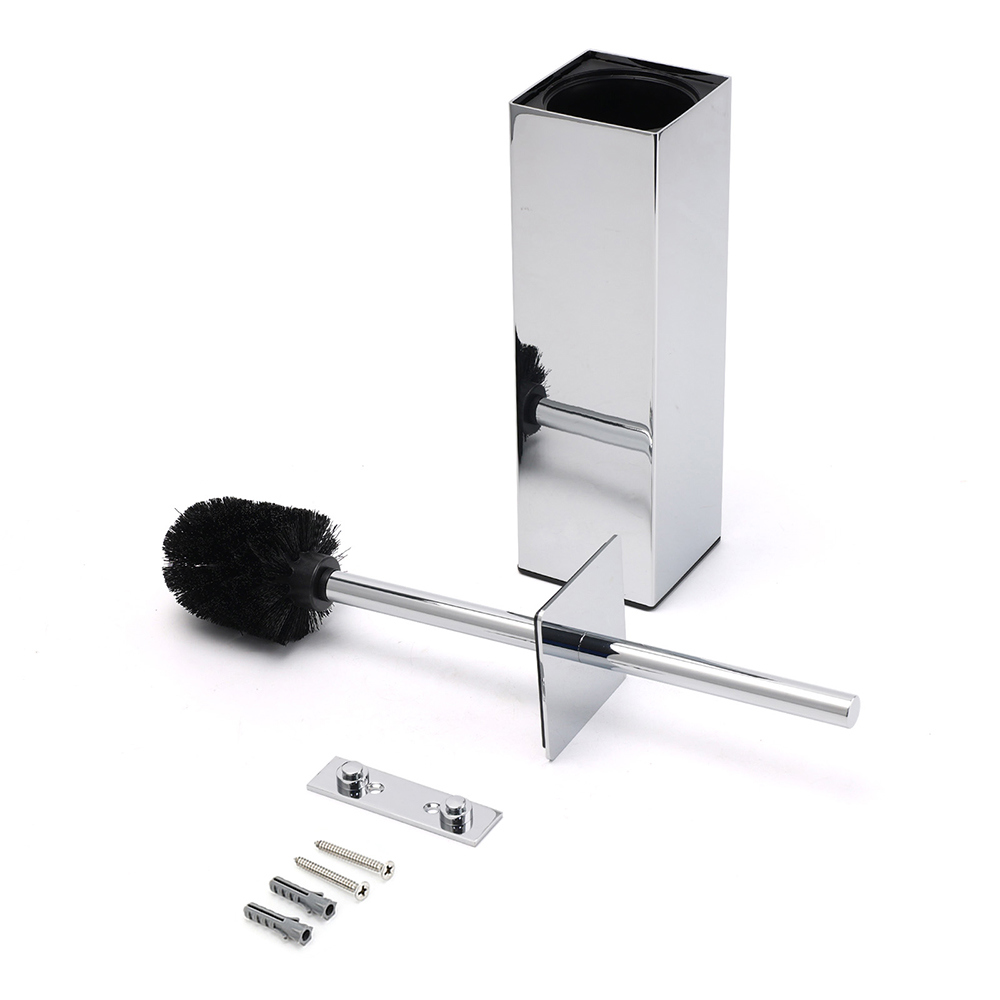 Bathroom Polished Chrome Square Standing Toilet Brush Stainless Steel Holder Cup Kit - Image 4