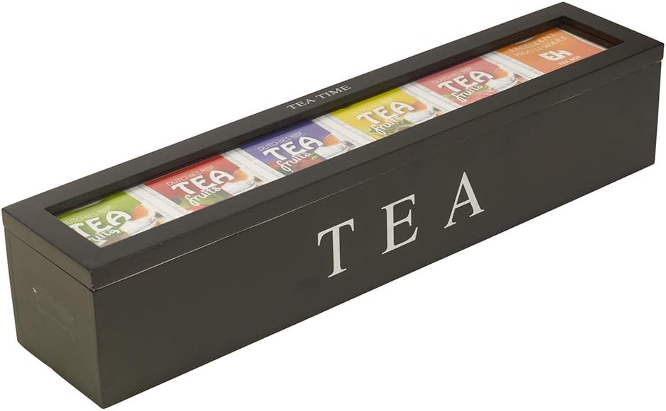 Tea box - Tea box 6 compartments - Wooden tea box - Suitable for loose tea - Black - Image 1