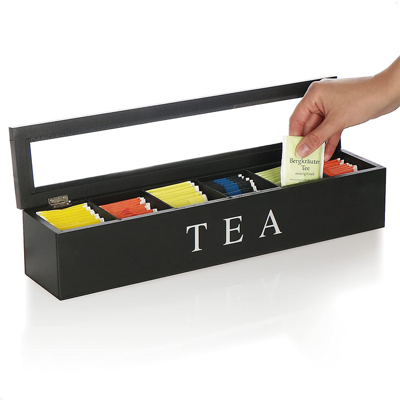 Tea box - Tea box 6 compartments - Wooden tea box - Suitable for loose tea - Black - Image 2