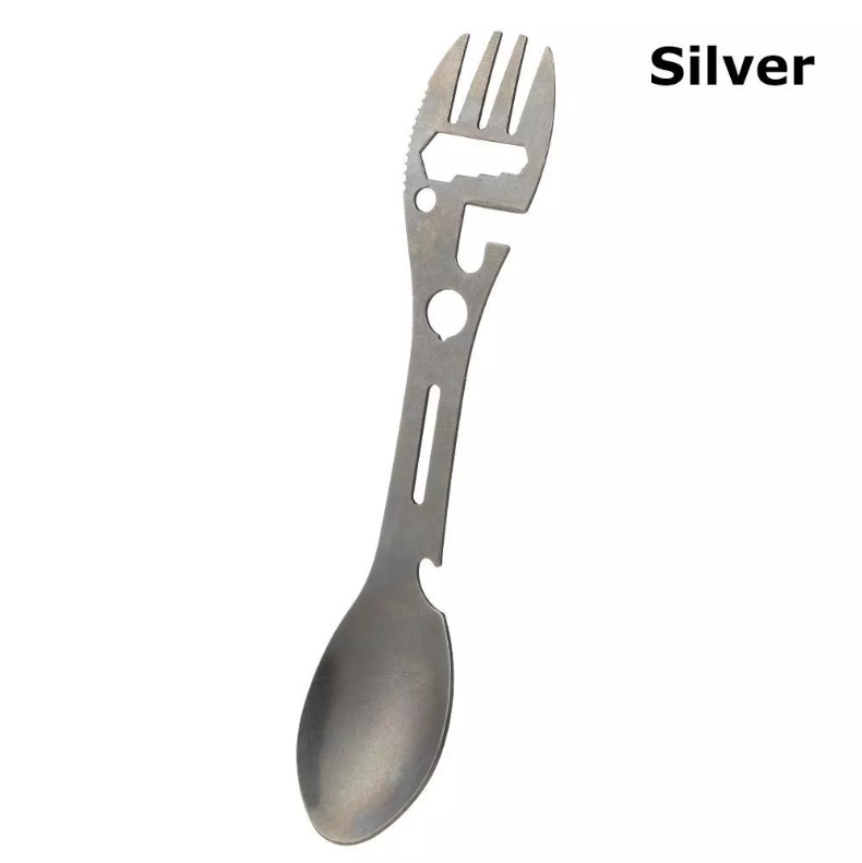 Stainless Steel Spoon and Fork - 10-in-1 Multi-Tool - Works as a combination spoon, fork, knife, bottle opener and wrench - Ideal for picnics, travel, backpacking, hiking and fishing - Silver - Image 1