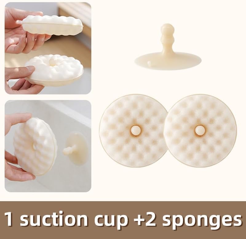 Double-sided dishwashing brush - Sponge brush with suction cup - 1 base + 2 refillable sponges - Scratch-free kitchen brush - Beige - Image 2