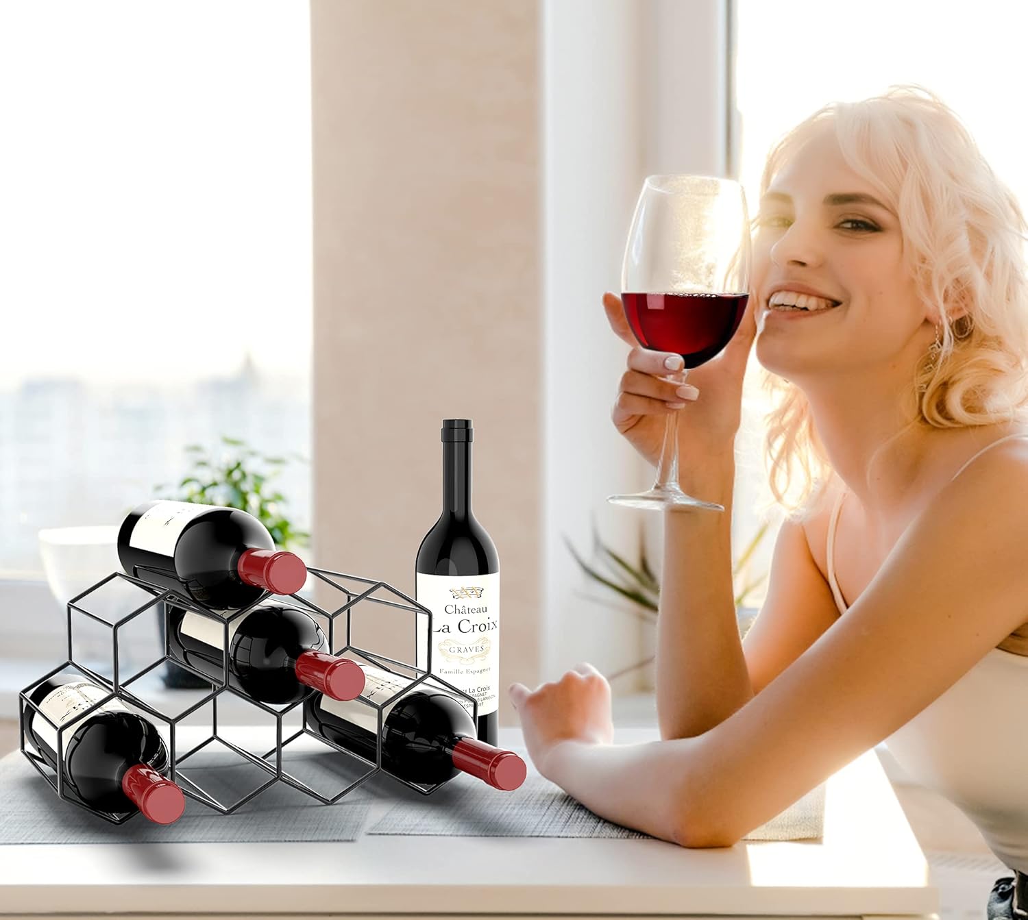 Small Freestanding Wine Rack for Countertop - Honeycomb Metal Wine Rack Stand for 9 Bottles, Black, Wine Rack for Tabletop - Image 2
