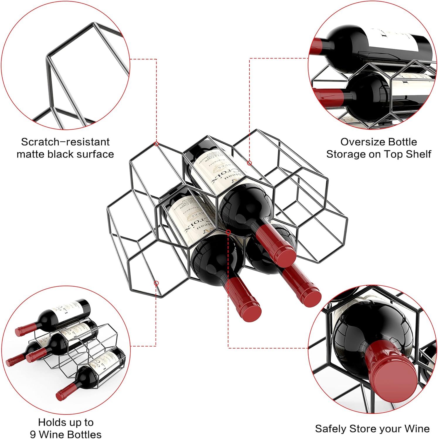 Small Freestanding Wine Rack for Countertop - Honeycomb Metal Wine Rack Stand for 9 Bottles, Black, Wine Rack for Tabletop - Image 3