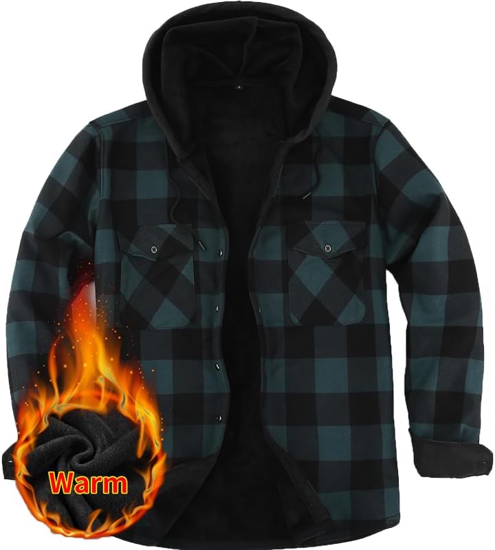 Men's Plaid Shirt Padded Warm Lined Plaid Shirts Men's Casual Plaid Shirt with Pockets Men's Hooded Plaid Jacket Green XL - Image 1