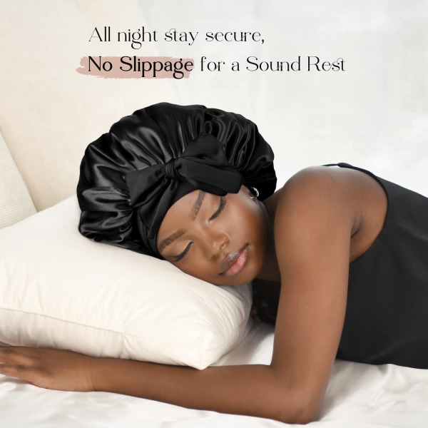 Satin Cap Silk Cap For Sleeping Double Layer Satin Lined Hair Cap With Ribbon Bonnet For Women Naturally Curly Hair Black black - Image 2