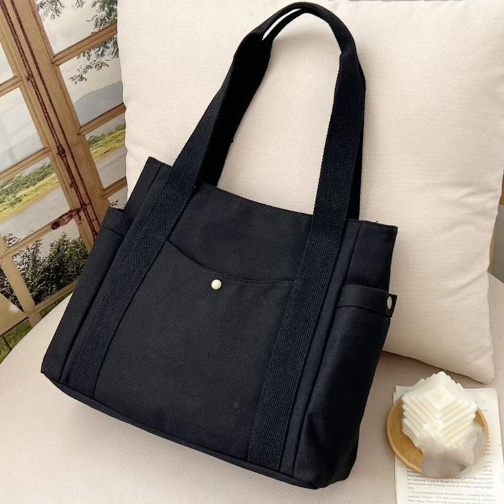 Large Capacity Canvas Tote Bag for Work Travel Carrying Bag College Style Student Outfit Book Shoulder Bag Black - Image 1