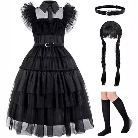 Girl's dress cosplay Wednesday Brigitte princess dress lace stitching puff sleeves children Wednesday 4pcs 120 - Image 1