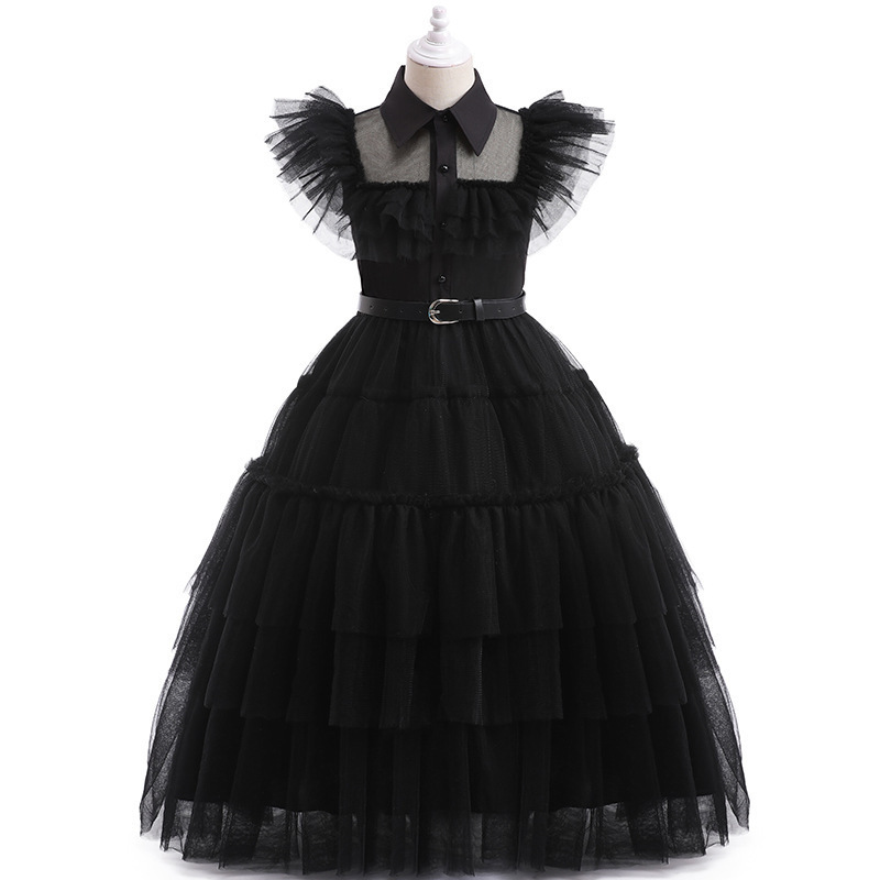 Girls' dress cosplay Wednesday Brigitte princess dress lace details puff sleeves children Skirt + belt 110 - Image 1