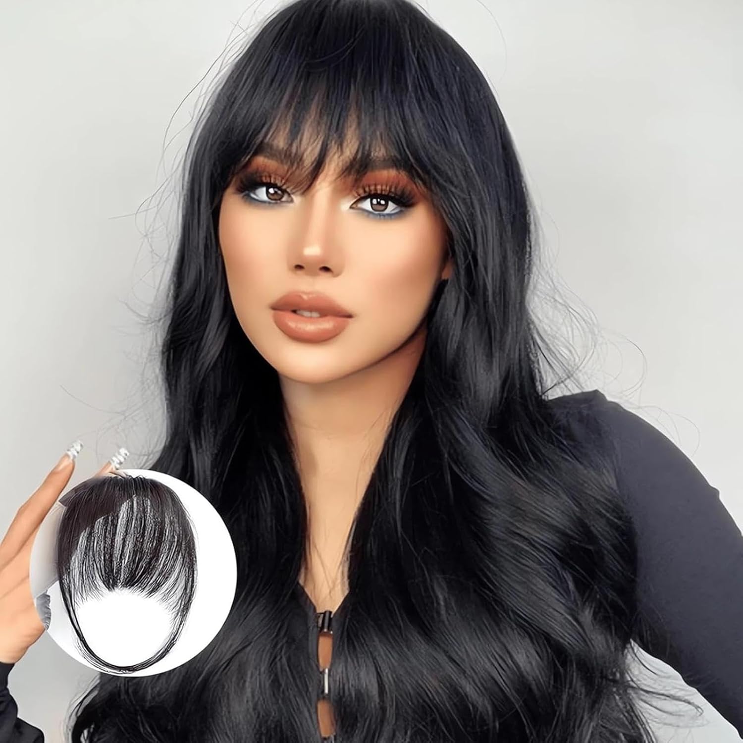 Clip-in Bangs Made of Real Hair, French Bangs Extensions | Natural Colored Clip-on Bangs, Hair Fringe for Women and Girls Natural Black - Image 1
