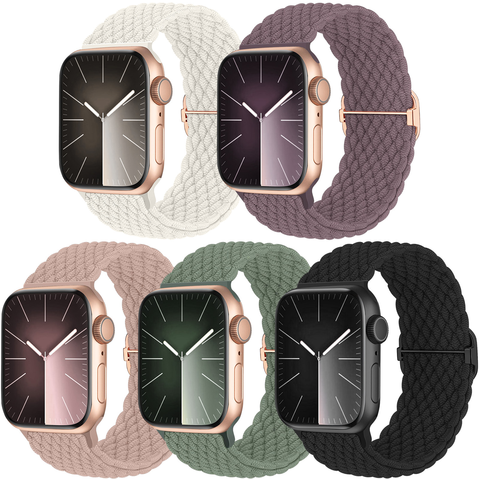 5-Pack Woven Solo Loop Compatible Band for Apple Watch 40mm, 38mm, 41mm for Women and Men - Adjustable Nylon Band, Elastic, Sport Band CC 42/44/45/49mm - Image 1