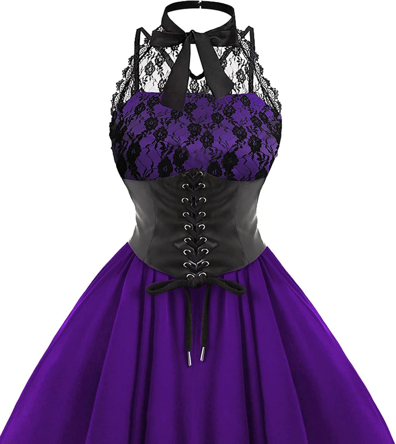 Sleeveless Gothic Lace Dress for Women 80s Party Dress Corset Halter Lace Swing Cocktail Purple XXL - Image 3