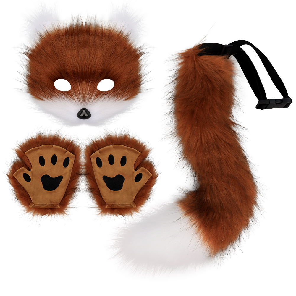 Halloween costume simulation fox mask gloves plush fox tail handmade animal tail cosplay props accessories Red, brown and white three-piece set One Size - Image 1