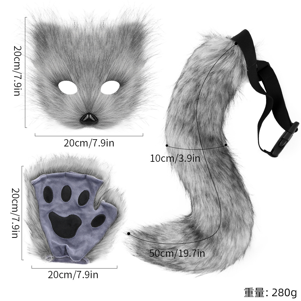 Halloween costume simulation fox mask gloves plush fox tail handmade animal tail cosplay props accessories Red, brown and white three-piece set One Size - Image 5