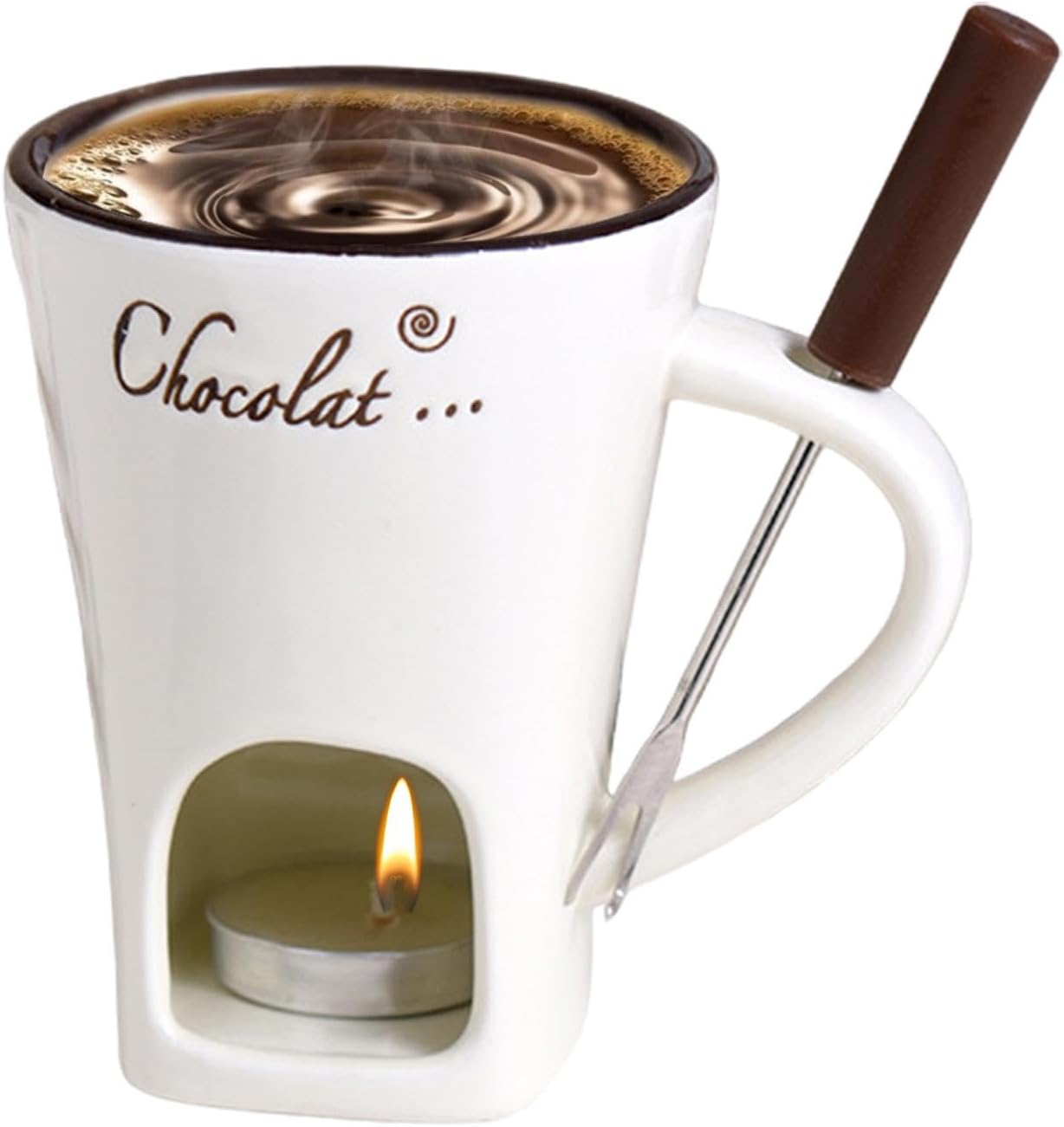Tealight Fondue Set, Ceramic Melting Pot for Chocolate and Dessert Beige - Image 1