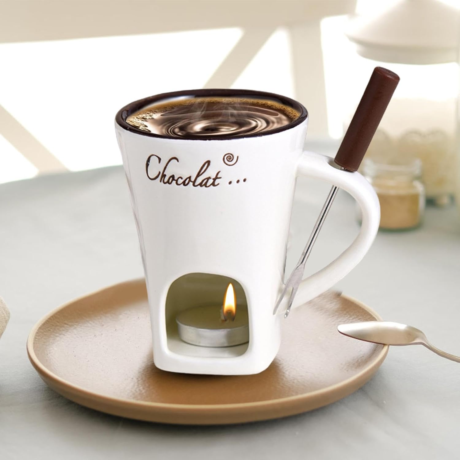 Tealight Fondue Set, Ceramic Melting Pot for Chocolate and Dessert Beige - Image 5