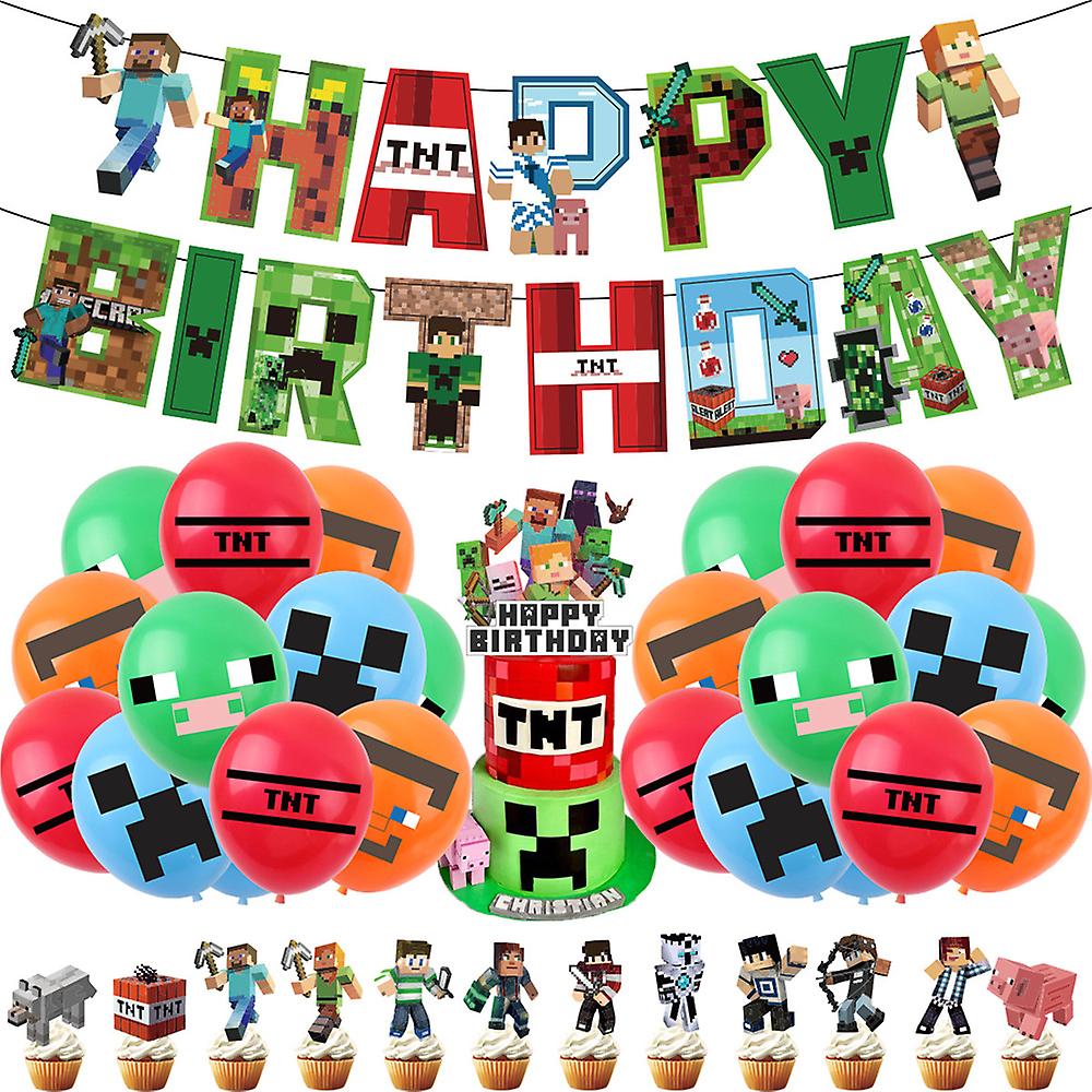 Minecraft themed birthday party balloons banner cake decorations — max - Image 1