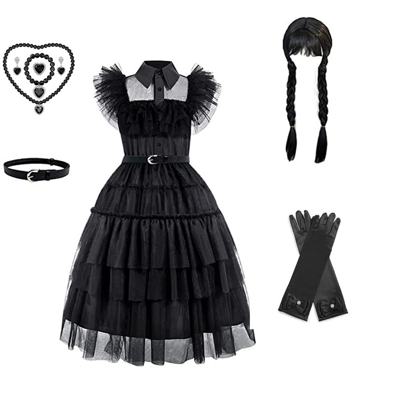 Girl's dress cosplay Wednesday Brigitte princess dress lace details puff sleeves children Wednesday 9pcs 160 - Image 1