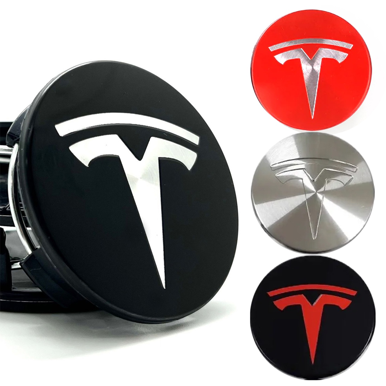 4-pack - Tesla Center Caps / Hubcaps - Car 77 Black/silver - Image 1