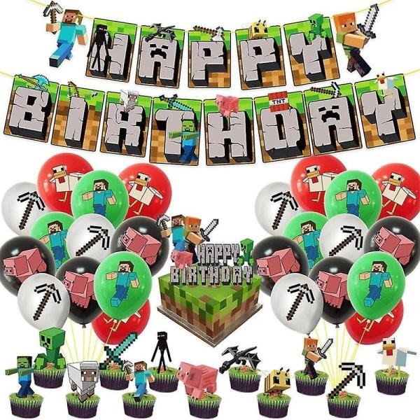 Minecraft Theme Happy Birthday Set Decoration Accessories Banner Pull Flag Cake Decorations Kit null none - Image 1