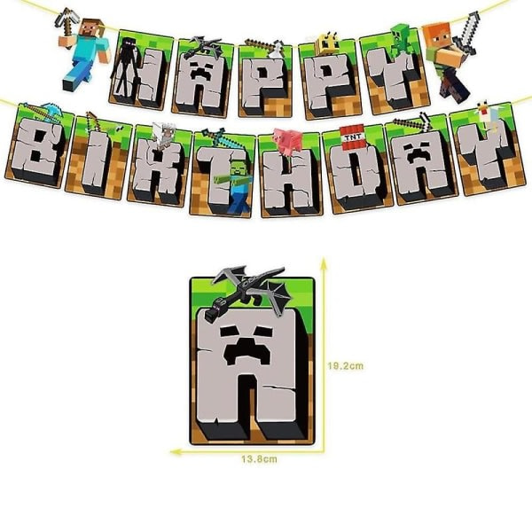 Minecraft Theme Happy Birthday Set Decoration Accessories Banner Pull Flag Cake Decorations Kit null none - Image 2