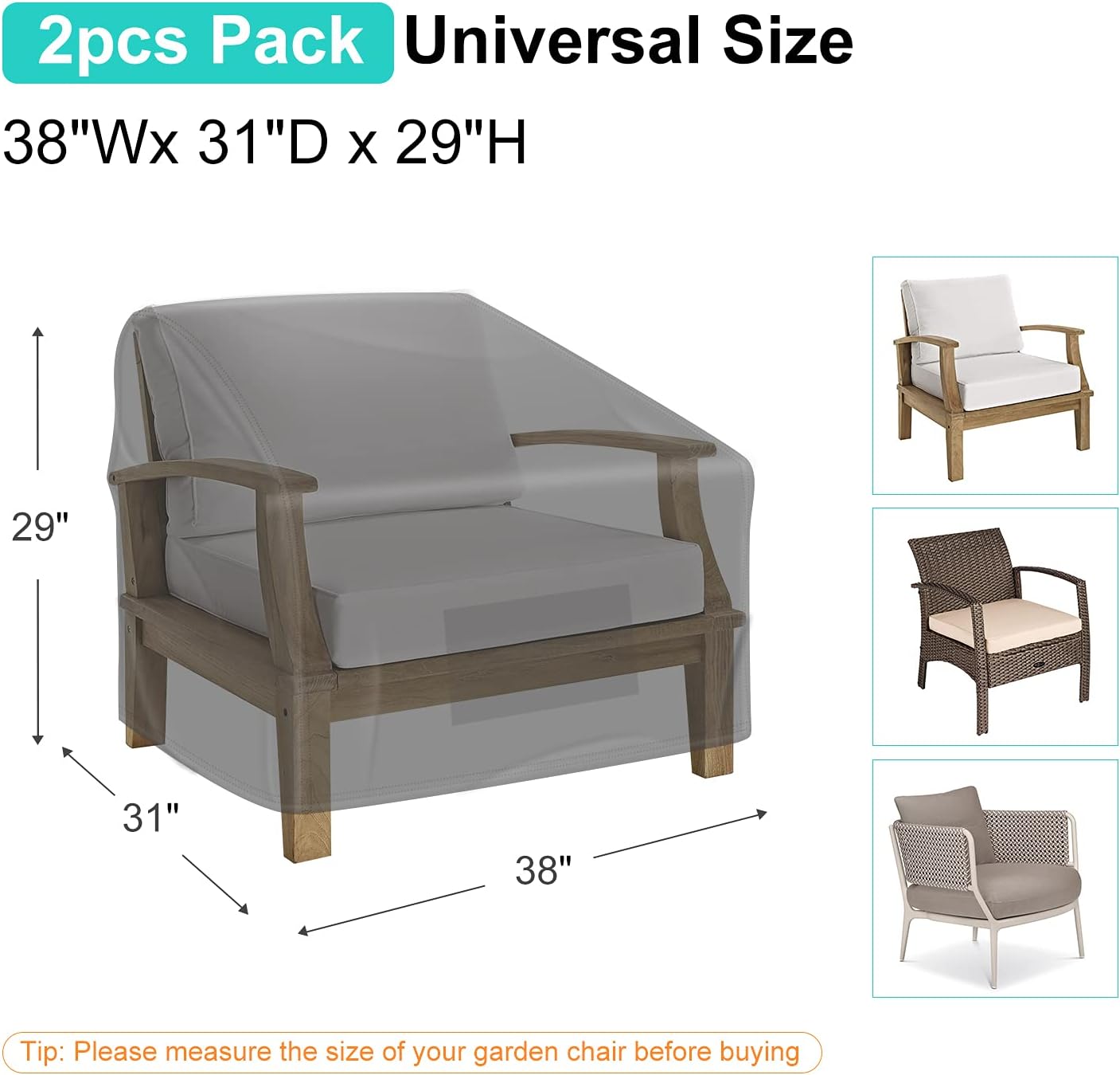 Garden Furniture Covers, Waterproof, 2-Pack, Lawn Mower Chair Covers 600D Heavy Duty Oxford Fabric, Large Covers for Lounge Chairs with Deep Seat - Image 2