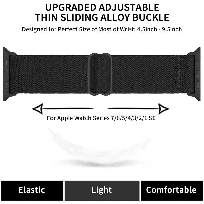 Compatible with Apple Watch 42/44/45/49 mm Adjustable and Elastic Nylon Strap Black Black - Image 2
