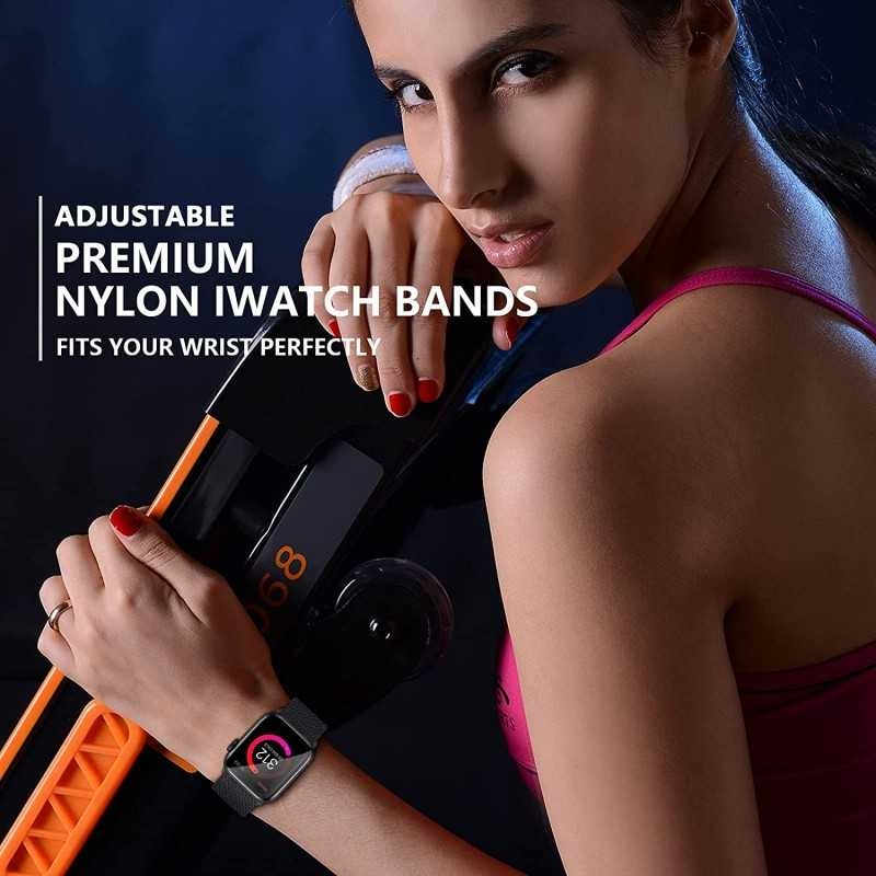 Compatible with Apple Watch 42/44/45/49 mm Adjustable and Elastic Nylon Strap Black Black - Image 7